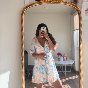 Floral V-Neck Dress in Blue and Pink
